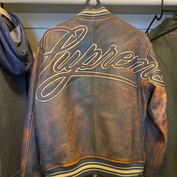 19SS Supreme Worn Leather Varsity Jacket